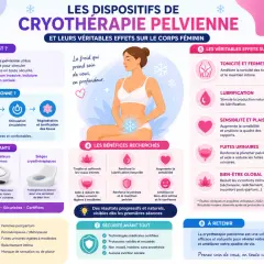 Infographie sur la cryothérapie pelvienne : ses bienfaits, son fonctionnement et les avis des utilisatrices. La cryothérapie pelvienne avis est une méthode non invasive pour le bien-être intime.