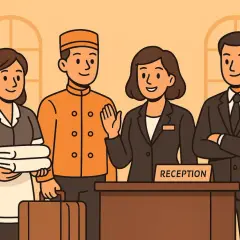 Personale dell'hotel alla reception: addetta alle pulizie con asciugamani, facchino con valigia, receptionist e un uomo in giacca. Le loro mansioni back office sono essenziali.