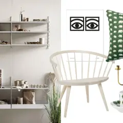 En hylla med inredningsdetaljer, en stol, en kudde med elefantmönster, en ljusstake och en kopp med bladmotiv. Inspiration från svenska designers.