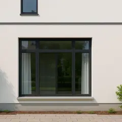 Ventana sin persiana, con cortinas blancas que ayudan a quitar la luz. Exterior de casa moderna con plantas.