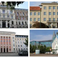 Vier Gebäude in Leipzig, die für ein Studium geeignet sind: ein historisches Palais, ein gelbes Universitätsgebäude, ein pastellfarbenes Gebäude und ein modernes Bauwerk.