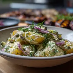 Krämig potatissallad med dill och rödlök, perfekt som tillbehör till grillat.