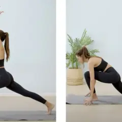 Donna in posa yoga, una con braccia alzate, l'altra in affondo. Esercizi utili per chi soffre di problemi alle ginocchia.