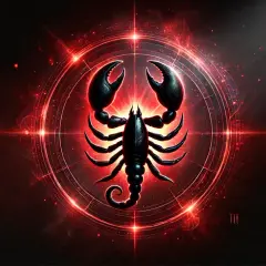 Mroczny, czarny skorpion z czerwonym, świetlistym ascendentem w skorpionie. Symbol zodiaku i nazwa "SCORPIO" podkreślają mistyczną atmosferę.