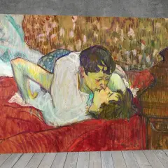 A tender moment captured in **in bed the kiss**. Two figures, rendered in vibrant, impressionistic strokes, share an intimate embrace on a richly colored bed.