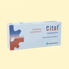 Opakowanie leku Citalopram, zawierające 30 tabletek powlekanych po 20 mg.