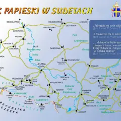 Mapa Szlaku Papieskiego w Sudetach, z zaznaczonymi miastami, parkami i zamkiem Chojnik.