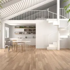 Interno moderno con cucina, tavolo e sedie. Una scala a chiocciola bianca porta a un soppalco a vista. Bambù verde incornicia la scena.