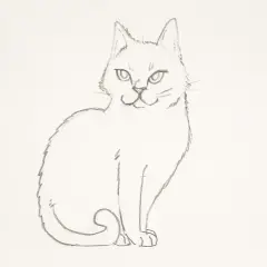 Unos tiernos dibujos de gatos, uno sentado con la cola enroscada y una mirada curiosa.
