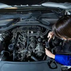 Mechanik naprawia silnik, gdy auto traci moc. Widok z góry na wnętrze komory silnika i ręce trzymające klucz nasadowy.