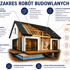 Budowa domu: od czego zacząć? Schemat przedstawia etapy budowy: płyta fundamentowa, konstrukcja, izolacje, instalacje, dach, okna, drzwi, elewacja, rynny.