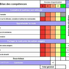 Tableau de bilan de compétences pour l'entrainement conduite voiture, évaluant la maîtrise du véhicule, l'appréhension de la route et le partage avec les autres usagers.