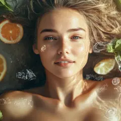 Kobieta otoczona owocami, warzywami i suplementami. Idealna dieta dla kobiet to klucz do zdrowia i piękna.