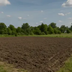 Przekształcenie działki budowlanej na rolną: świeżo zaorane pole z domem w tle.