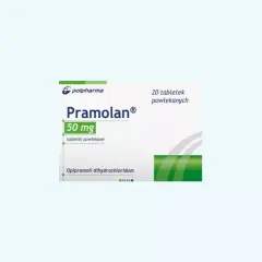 Opakowanie leku Pramolan 50 mg, zawierające 20 tabletek powlekanych. Substancją czynną jest opipramoli dihydrochloridum.