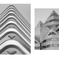 Dwie fotografie budynków: jeden z zaokrąglonymi balkonami, drugi o geometrycznych, ostrych kształtach.