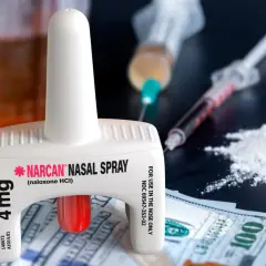 Nasalny spray nalokson, strzykawki i biały proszek na tle banknotów.