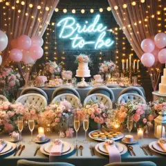 Elegancki stół na wieczór panieński, udekorowany różowymi balonami, kwiatami i neonowym napisem "Bride to-be".