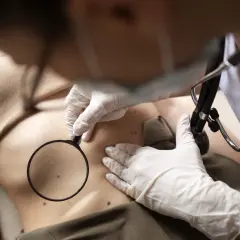 Lekarz w rękawiczkach bada znamiona pod lupą, przygotowując się do ich usuwania.