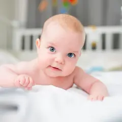 Niebieskooki, 3-miesięczny maluch leży na brzuchu, ćwicząc mięśnie szyi.