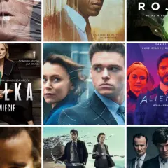 Kolaż plakatów filmowych i serialowych, w tym "Chyłka", "Rojst" i "Alienista", które są ekranizacjami książek.