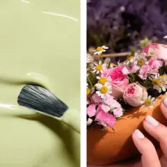 En pensel doppas i ljusgrönt nagellack. En hand med ljusa vårnaglar 2026 håller en orange form fylld med rosa blommor.