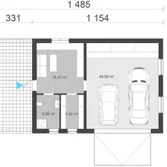 Rzut garażu jednostanowiskowego z wymiarami: 48,08 m² na dwa auta, pomieszczenie gospodarcze 18,47 m², łazienka 6,06 m².