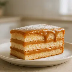 Pyszne, warstwowe ciasto krówka bez pieczenia, polane słodkim karmelem i posypane cukrem pudrem. Idealne na deser.