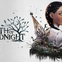 Kobieta z warkoczem i tajemniczym naszyjnikiem, obok drzewa z butelkami i napisem "South of Midnight". W tle kościół i aligator.