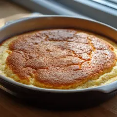 En gyllene ugnspannkaka i en rund form, redo att serveras. Ett perfekt ugnspannkaka recept för en mysig fika.