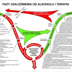 Schemat faz uzależnienia od alkoholu i terapii. Pokazuje cykl od picia towarzyskiego do śmierci, z etapami odwyku i rehabilitacji.