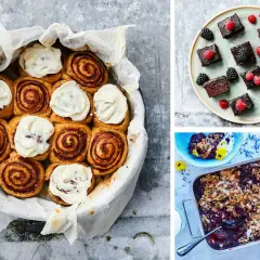 Kanelbullar med frosting, chokladbitar med bär och en crumble med blåbär. Inspiration för att baka utan socker.