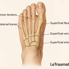 Anatomie du dessus du pied : os, tendons, nerf, veines et artères.