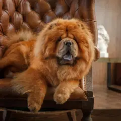 Puszysty chow chow w brązowym fotelu. Ile żyje chow chow? Średnio 10-12 lat, ale ten wygląda na wiecznego!