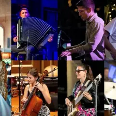 Un collage di musicisti: una donna con abito dorato, un fisarmonicista, un pianista, un chitarrista, una violoncellista, una bassista e un batterista. Un'atmosfera vibrante di musica balcanica.