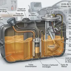 Schéma d'un réservoir de carburant montrant la pompe, le flotteur et le **fusible jauge carburant** qui indique le niveau.