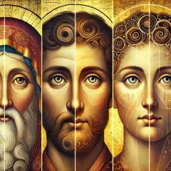 Ikony przedstawiające twarze świętych, z bogatym symbolizmem w sztuce, emanujące złotym blaskiem.