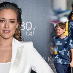 Alicja Bachleda-Curuś w białej marynarce, obok jej partner i syn.