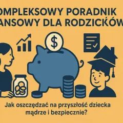 Oszczędzanie definicja dla dzieci: rodzic z skarbonką i słoikiem monet, dziecko w czapce absolwenta. Jak mądrze oszczędzać na przyszłość dziecka?