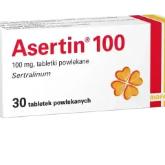 Opakowanie leku Asertin 100, zawierającego sertralinę, stosowanego w leczeniu depresji i innych schorzeń. 30 tabletek.