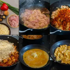 Steg för steg hur man gör arroz chaufa: kyckling steks, kryddas med paprika, ris tillsätts, ägg steks och blandas.