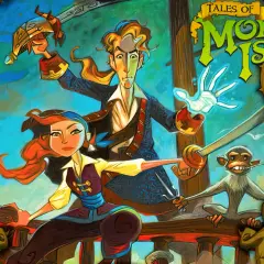 Postacie z gry "Tales of Monkey Island" - Guybrush Threepwood, Elaine Marley i małpa z fajką, w dynamicznej scenie z szablami.