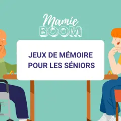 Un homme en fauteuil roulant et une jeune femme réfléchissent, prêts pour un exercice de mémorisation. Le texte "Jeux de mémoire pour les seniors" est affiché.