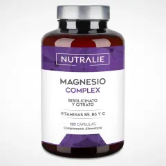 Bote de suplemento "Magnesio Complex" de Nutralie, con bisglicinato de magnesio vs citrato de magnesio y vitaminas B5, B6, C.