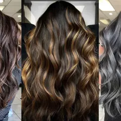 Tres estilos de mechas para morenas oscuras: rubias ceniza, miel y plateadas.