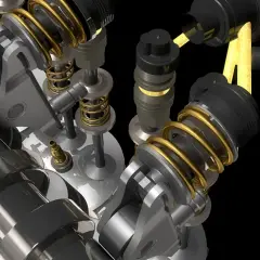 Mechanizm zaworowy silnika z wałkiem rozrządu i sprężynami. Technologia MultiAir w akcji.