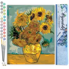 Un kit de pintura por números con girasoles al estilo de Van Gogh, incluyendo pinceles y botes de pintura numerados.