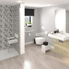 Agencement salle de bain moderne et accessible avec douche, WC suspendu, lavabo et barres d'appui.