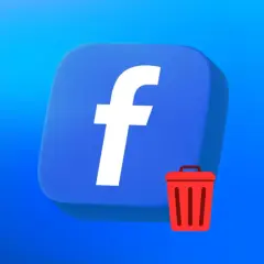 Ikona Facebooka z koszem na śmieci obok. Dowiedz się, jak usunąć konto na FB.