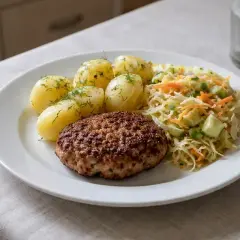 Smaczne obiady domowe przepisy: kotlet mielony, ziemniaki z koperkiem i surówka z kapusty.